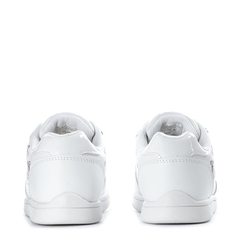 Kids' white sneaker back view with smooth heel and padded collar