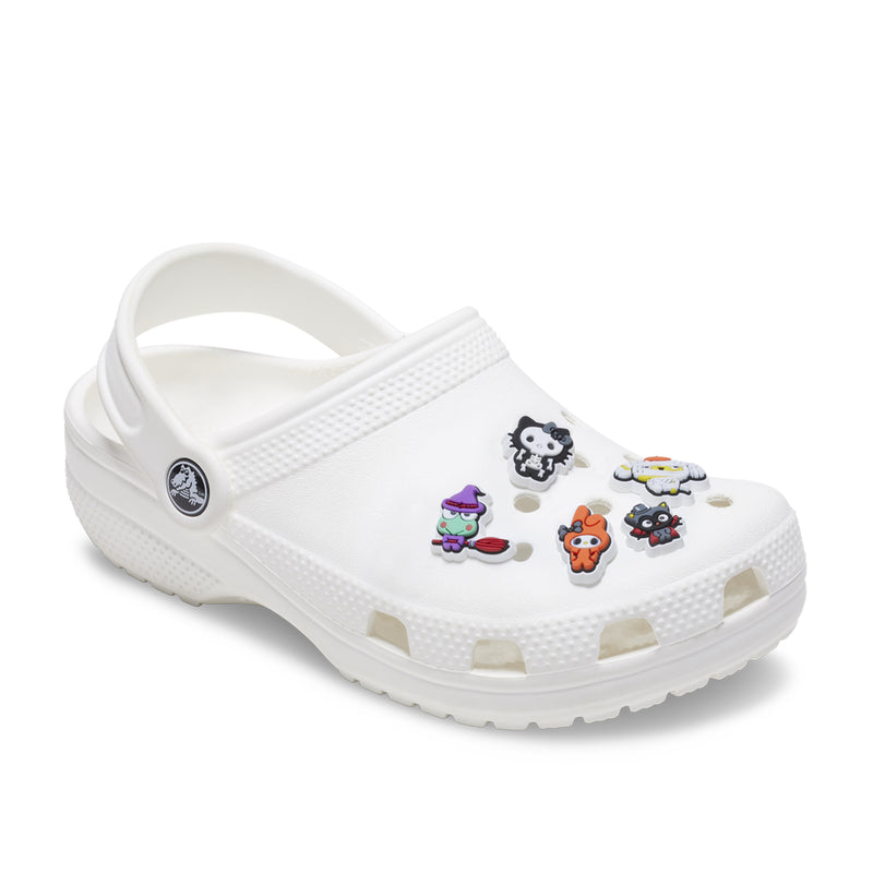 White Crocs clog with five Halloween character Jibbitz charms attached