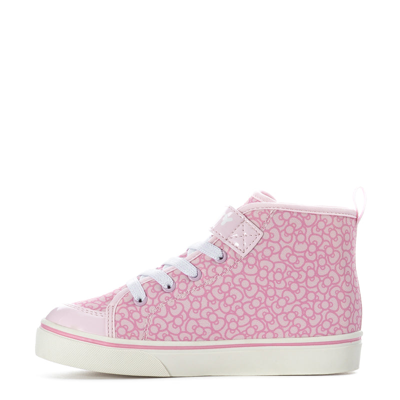 Kids high-top sneaker, pink patterned canvas with lace-up front and rubber sole