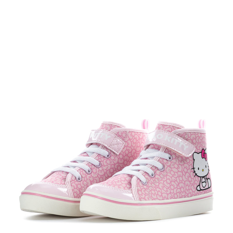 Pair of kids high-top sneakers in pink with Hello Kitty side graphic