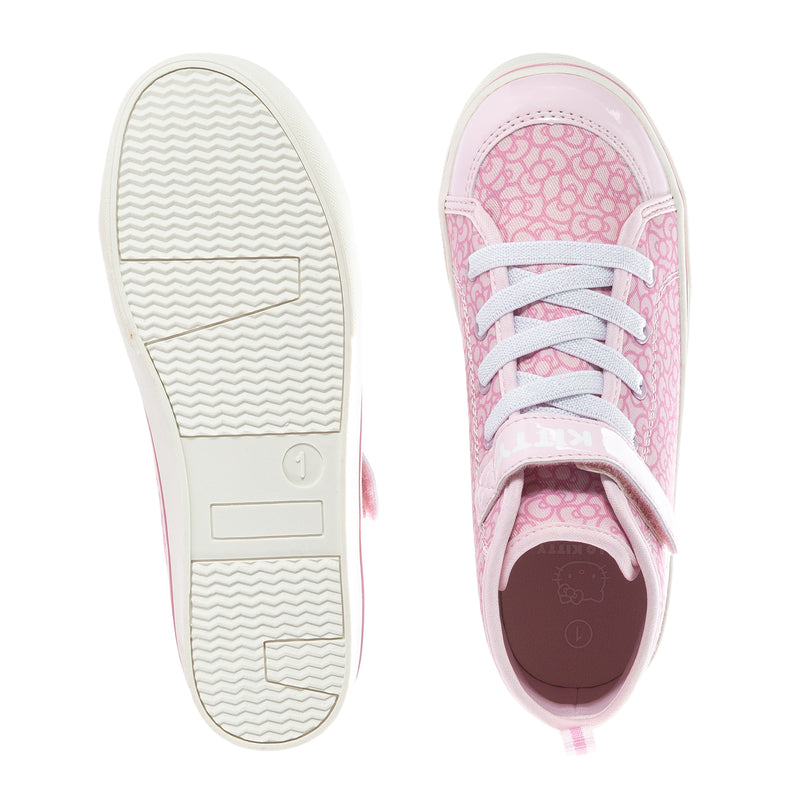 Kids high-top sneaker with textured outsole and pink patterned upper