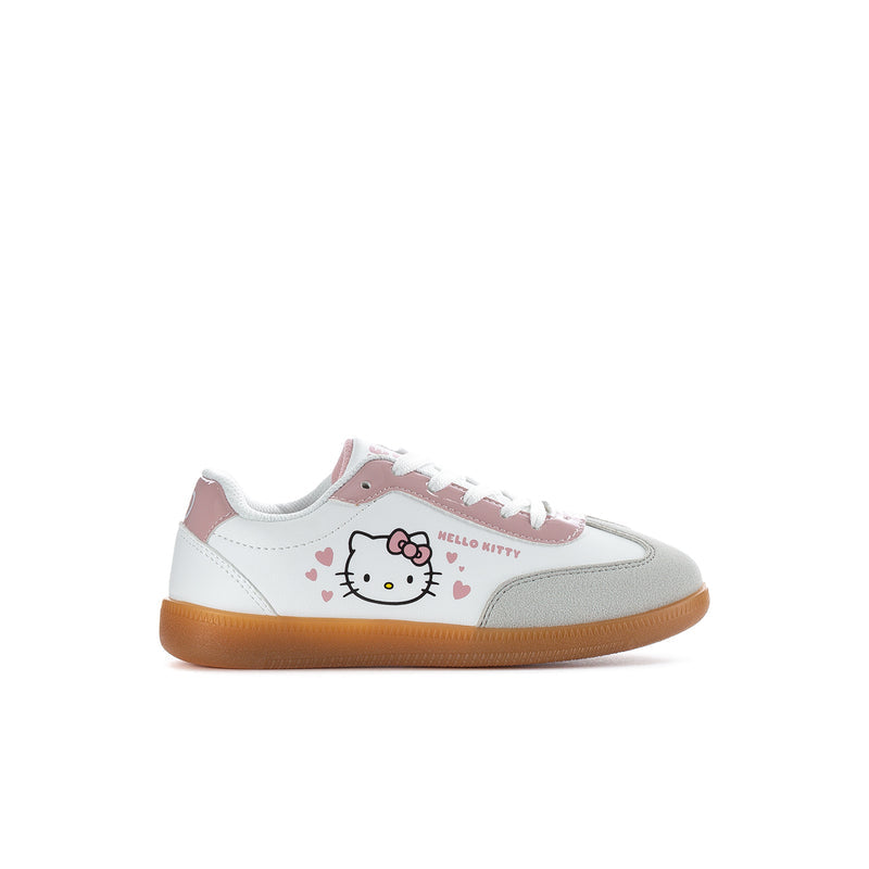 Kids low-top sneakers with Hello Kitty graphic, white/pink upper and tan gum sole.