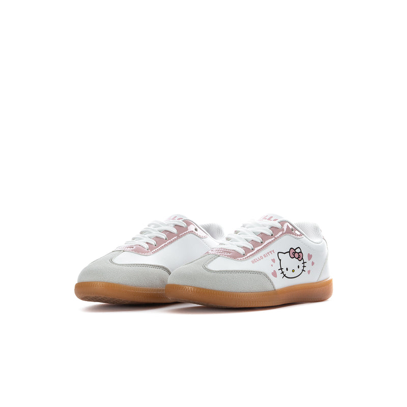 Kids low-top sneakers, side view with Hello Kitty face on white upper and tan gum sole.