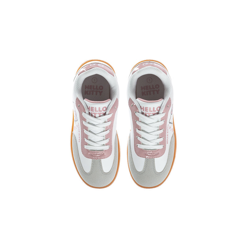 Kids lace-up sneakers, front view with pink heel accents and tan gum sole.