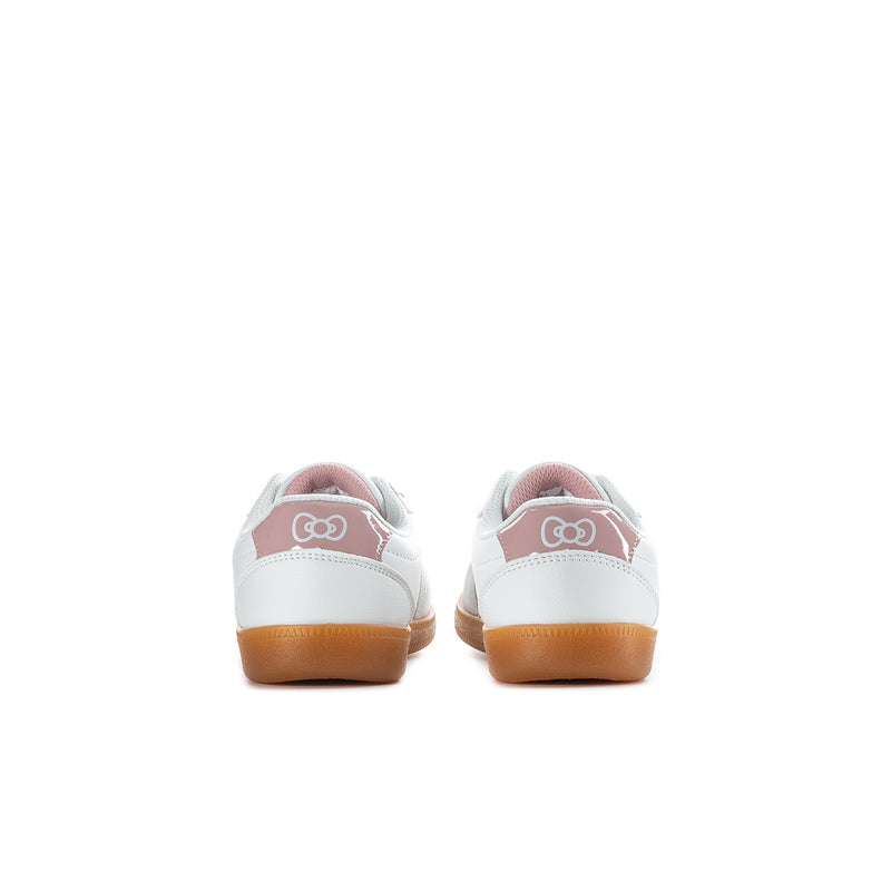 Kids low-top sneakers, heel/back view with pink bow detail and tan gum sole.