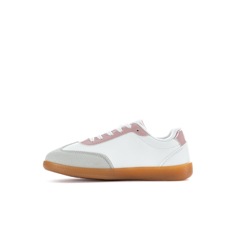 Kids sneakers in white with pink trim, lace-up design and tan gum sole.