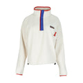 Womens chalk fleece half-snap pullover with blue placket and red trim