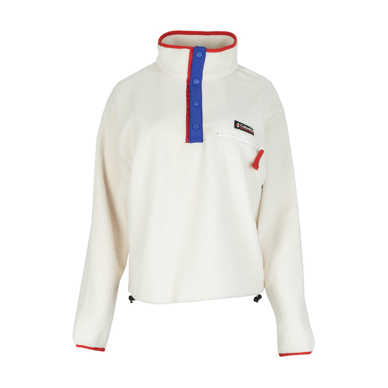 Womens chalk fleece half-snap pullover with blue placket and red trim