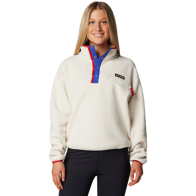 Womens chalk fleece half-snap pullover with blue placket and chest logo patch