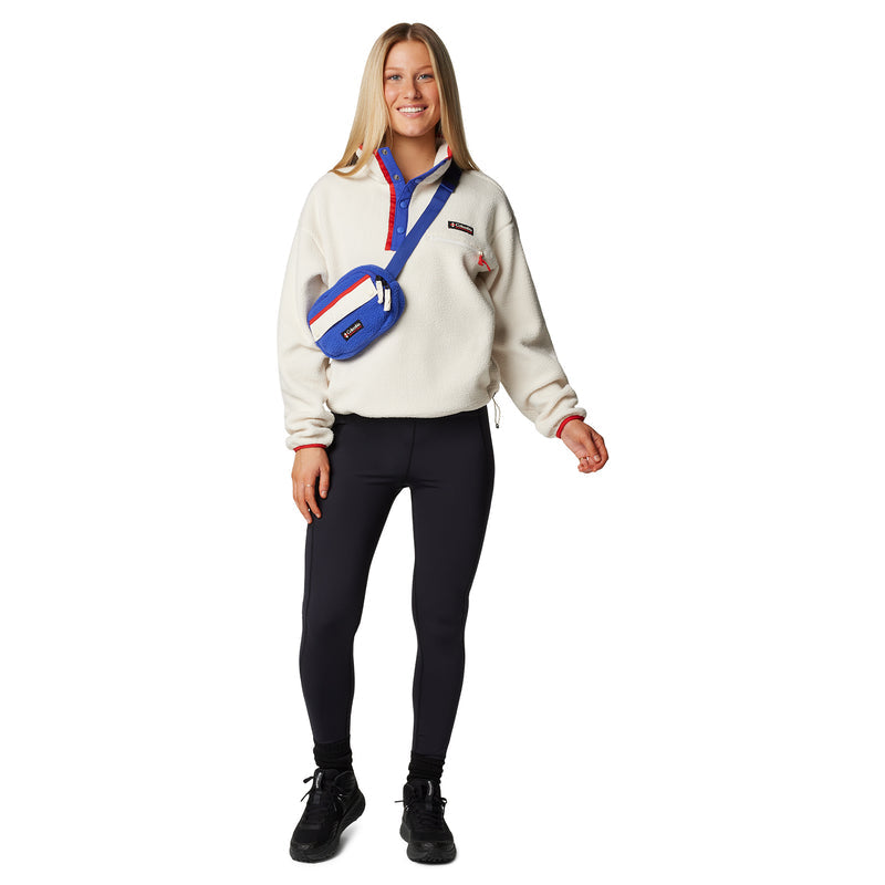Womens chalk fleece half-snap pullover with blue placket and sleeve pocket detail
