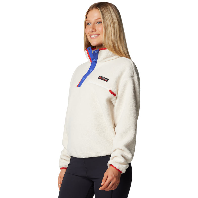Womens chalk fleece half-snap pullover with blue placket and side zipper pocket