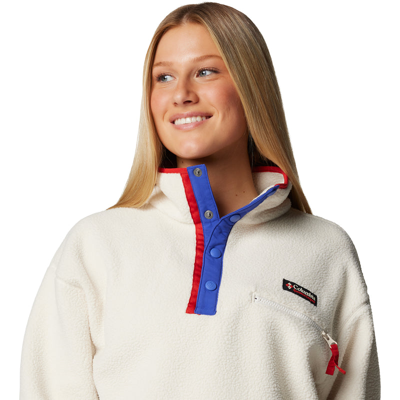 Womens chalk fleece half-snap pullover with blue button placket and chest logo