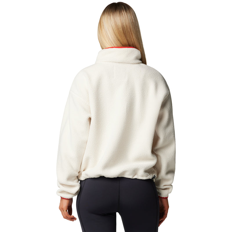 Womens chalk fleece pullover back view with high collar and red cuff trim