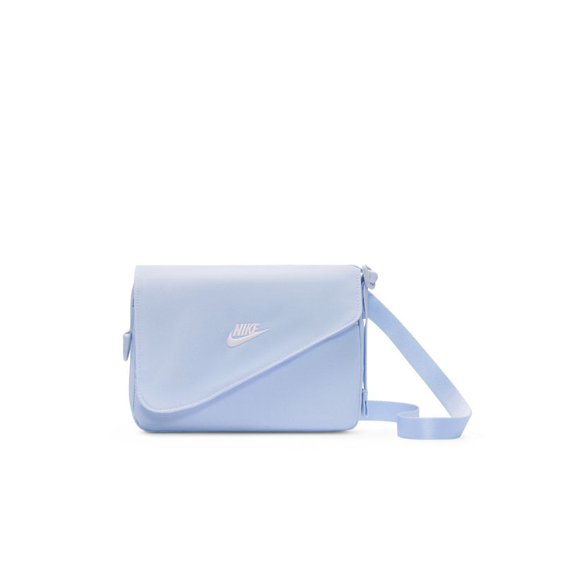 Nike heritage mag crossbody bag, light blue flap with swoosh, adjustable crossbody strap