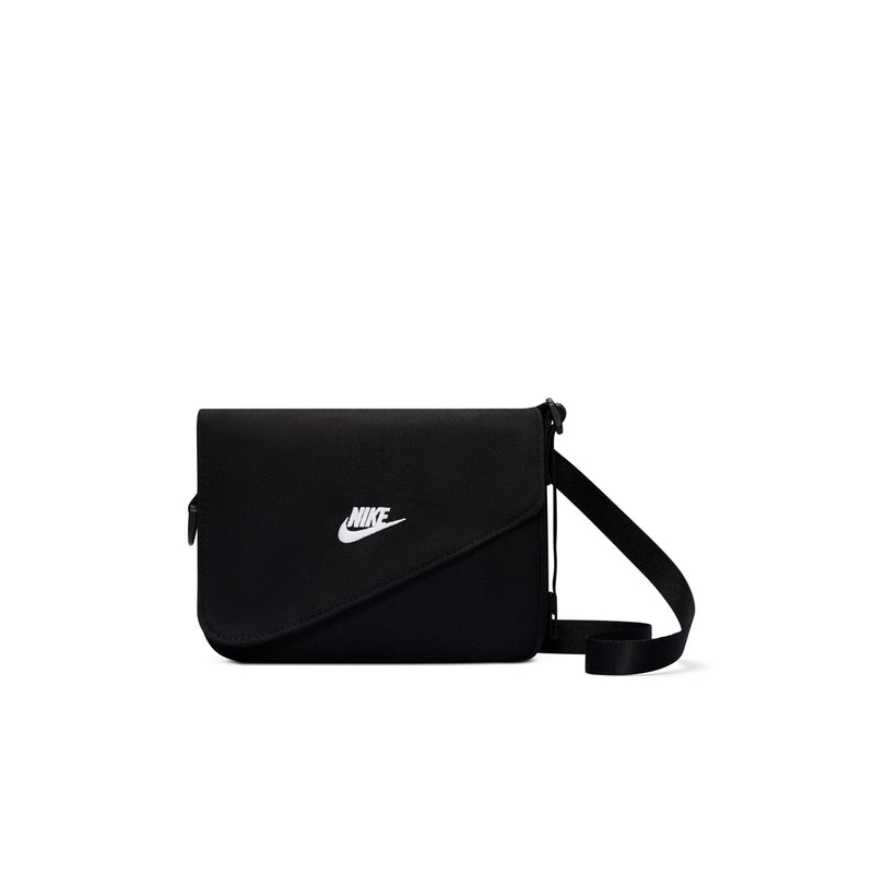 Black crossbody messenger bag with flap, Nike logo and adjustable strap