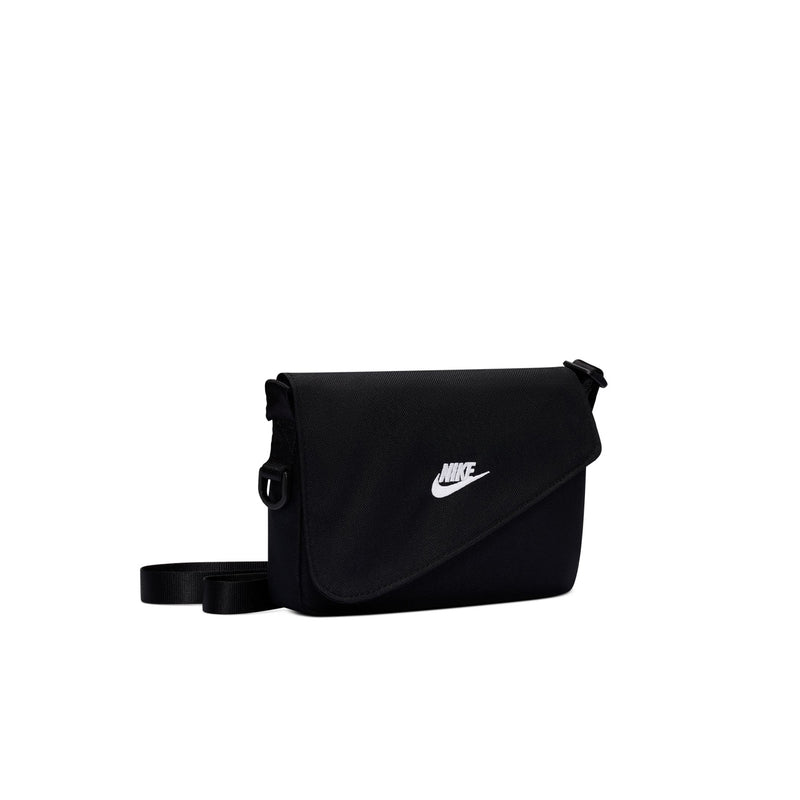 Black crossbody bag with flap and Nike swoosh on front, adjustable shoulder strap
