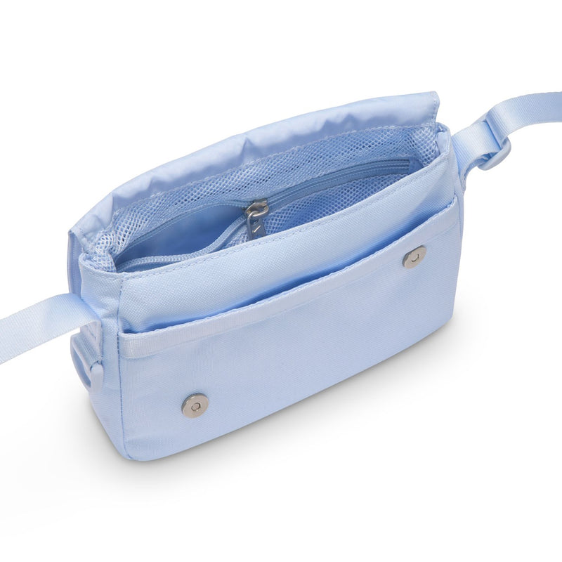 Nike heritage mag crossbody bag open, showing interior pocket and light blue lining
