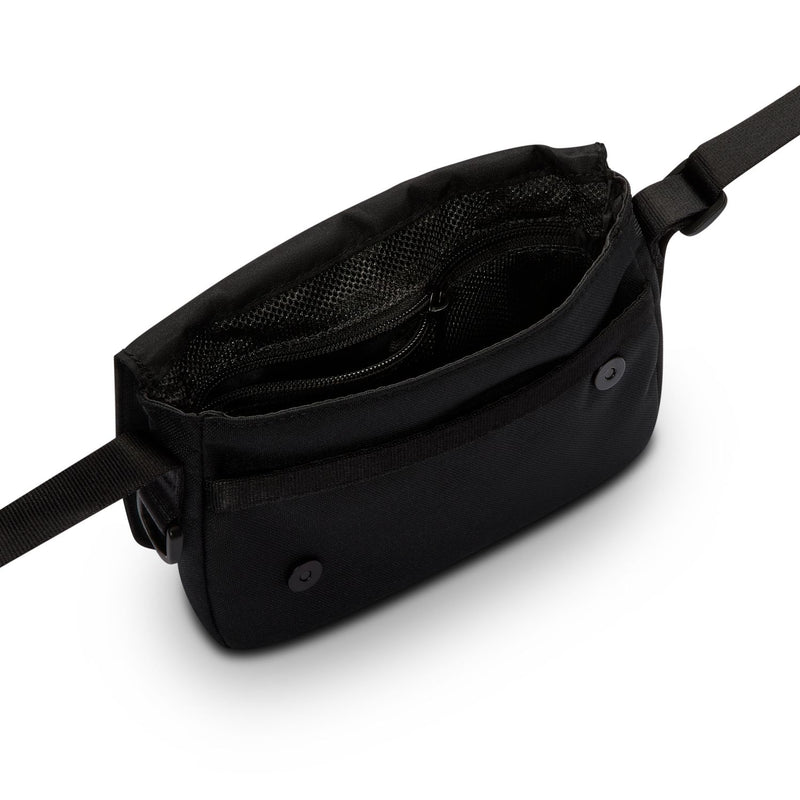 Black crossbody bag open view with front flap and inner storage pocket