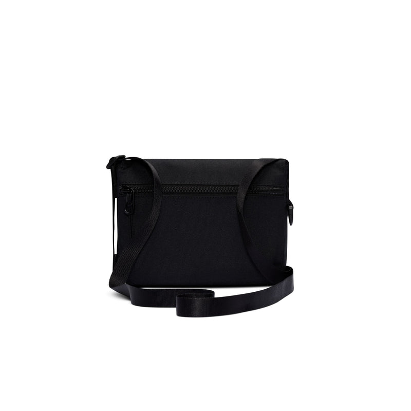Black crossbody bag with rear zip pocket and adjustable strap