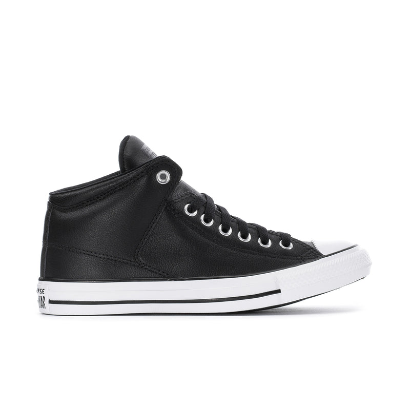 Men's black high-top leather sneakers, lace-up with white rubber sole