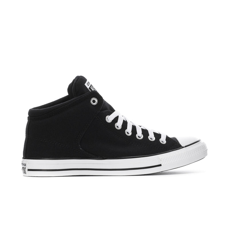 Men's black mid-top canvas sneakers with white laces and rubber toe cap