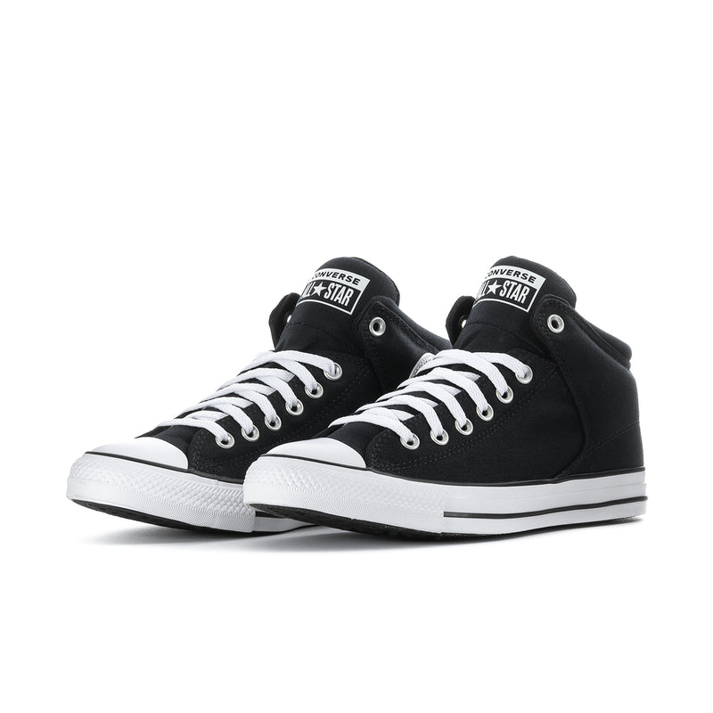 Pair of men's black mid-top Converse-style sneakers with white laces
