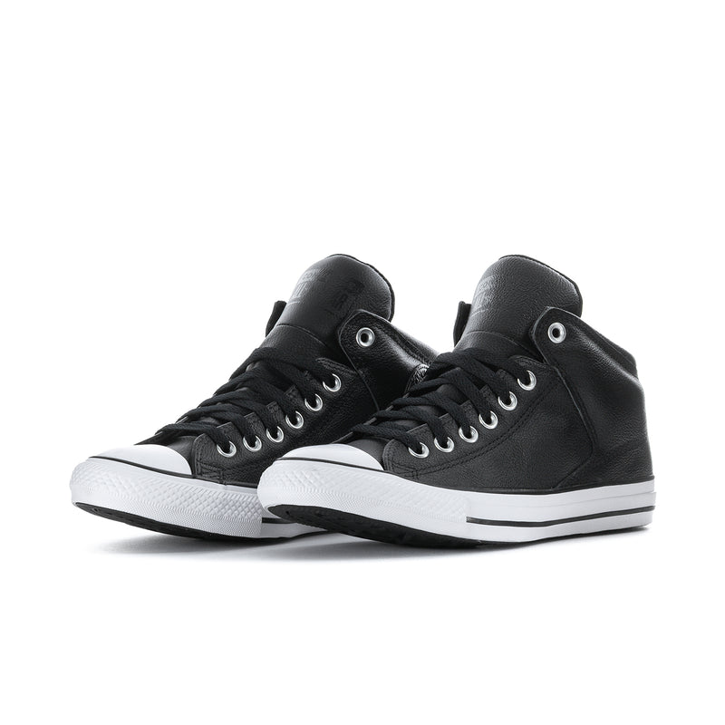 Pair of men's black high-top leather sneakers with white toe caps and rubber soles