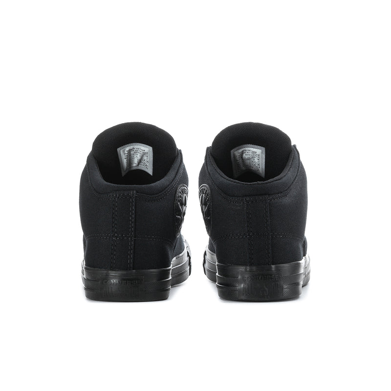 Men's black high-top sneakers, rear view with heel tabs and rubber bumper sole