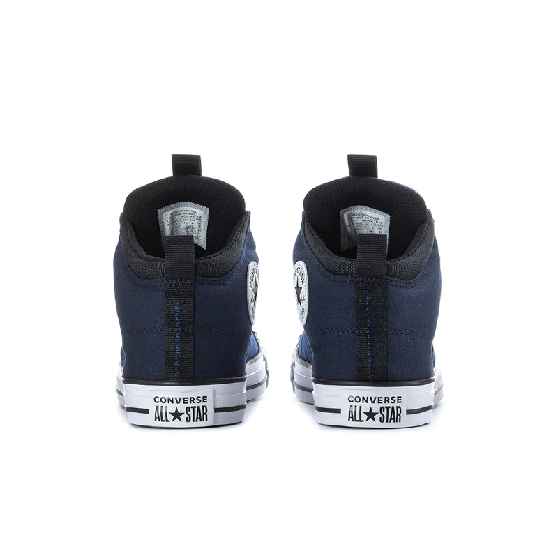 Back view of navy high-top sneakers with heel branding and white rubber sole