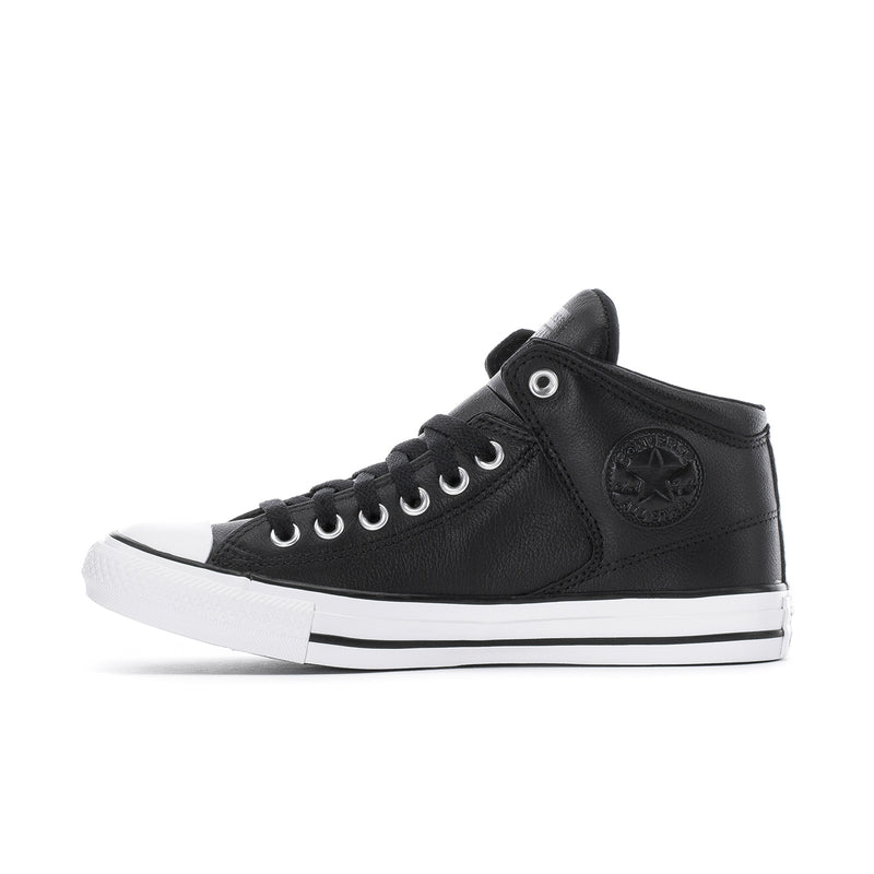 Men's black high-top leather sneakers, side view with star emblem and white striped sole