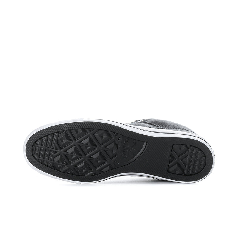 Men's black high-top sneaker outsole, textured tread with white edge and rubber grip