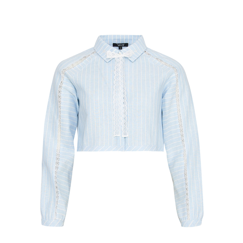 Light blue striped shirt with sheer sleeves on a white background