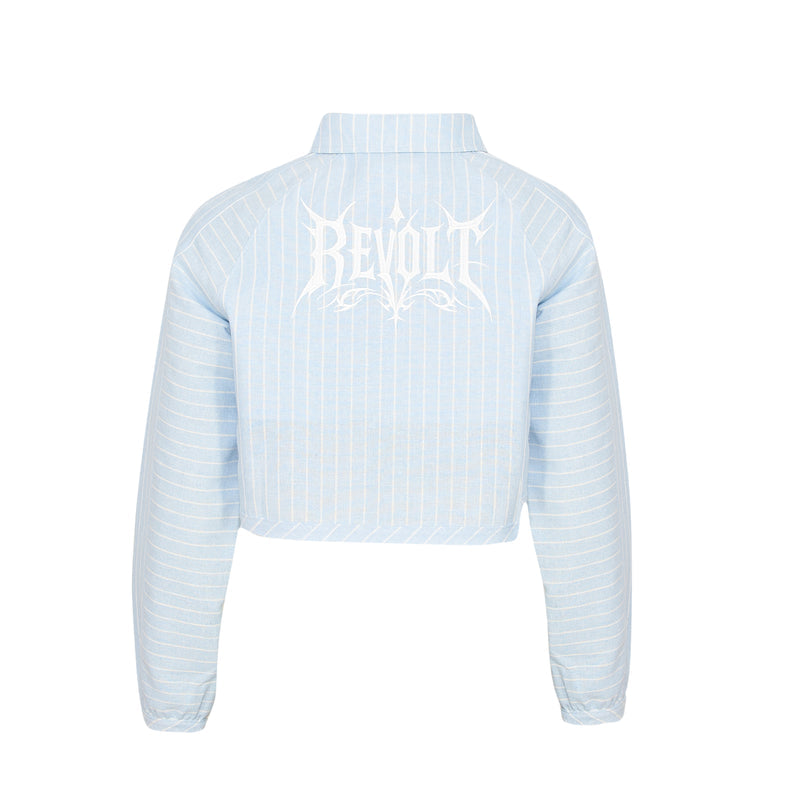 Light blue striped jacket with 'REVOLT' logo on the back against a white background