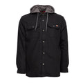 Men's black hooded shirt jacket with snap buttons, two chest pockets, gray hood lining