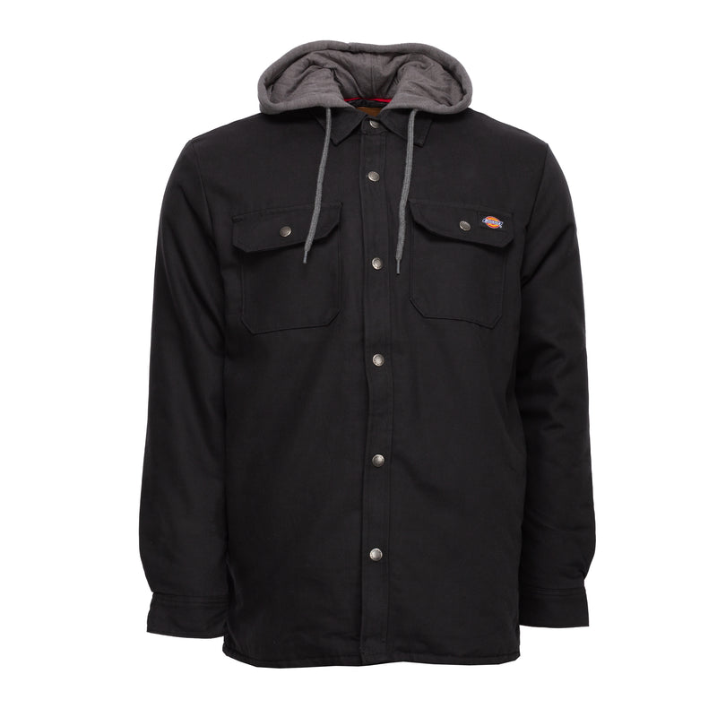 Men's black hooded shirt jacket with snap buttons, two chest pockets, gray hood lining