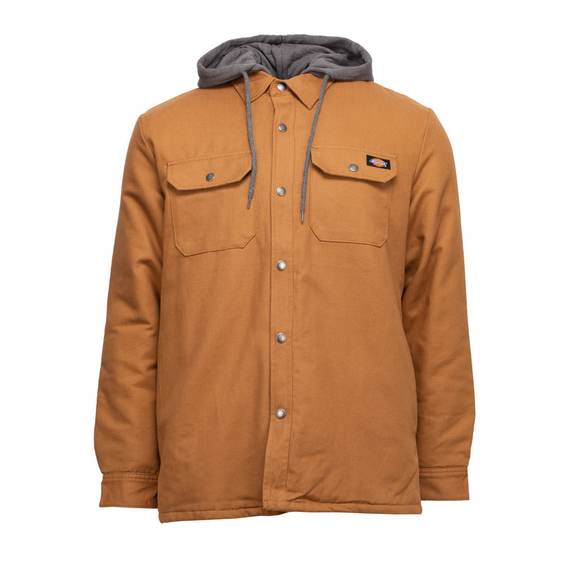 Men's hooded shirt jacket in brown with gray hood, snap front, chest pockets