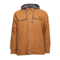 Men's hooded shirt jacket in brown with gray hood, snap front, chest pockets