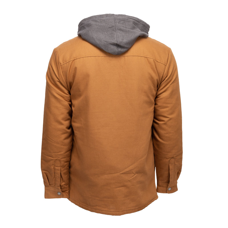 Men's hooded shirt jacket, brown back view with gray hood and snap button placket