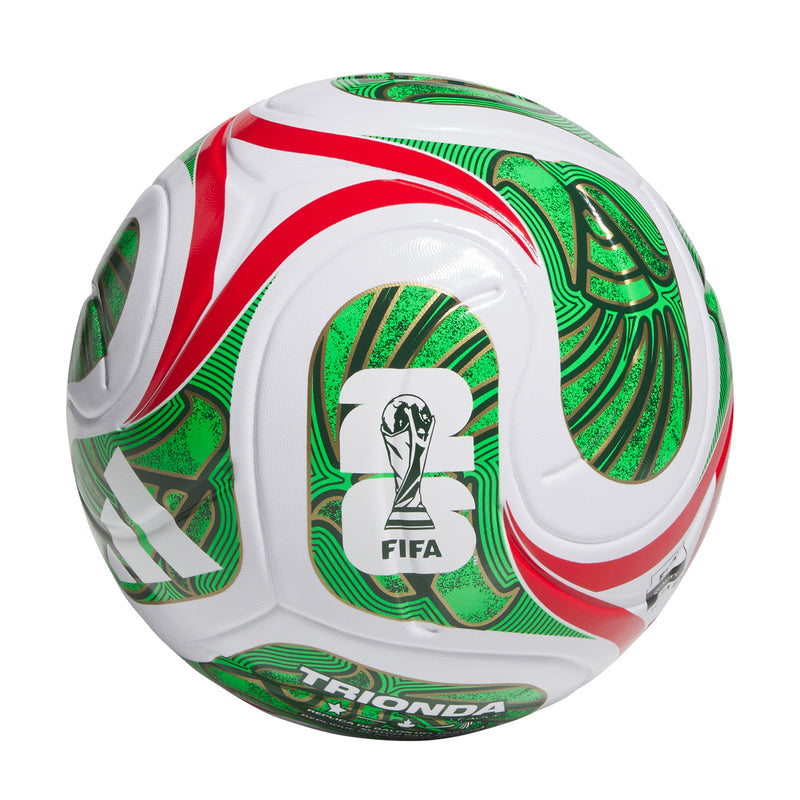 White soccer ball with green and red geometric panels, FIFA logo and black accents.
