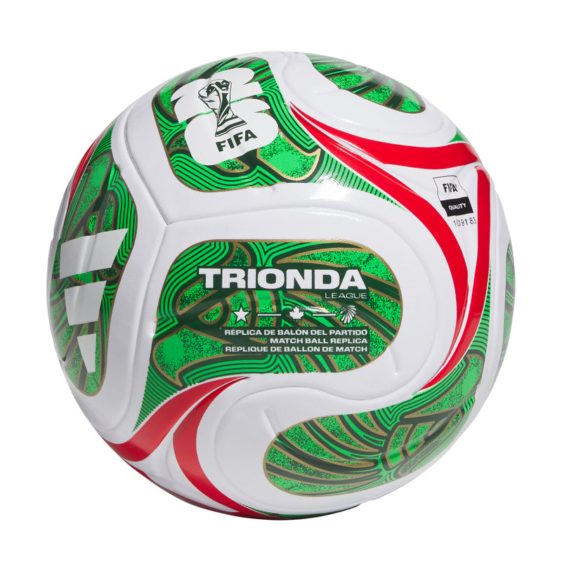 White soccer ball with TRIONDA League badge, green patterning, red swoosh lines.
