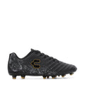 Men's black soccer cleat, side profile with textured pattern and gold emblem