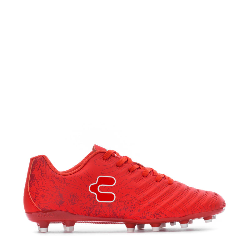 Men's red lace-up soccer cleats with textured upper, white logo, and rubber studs