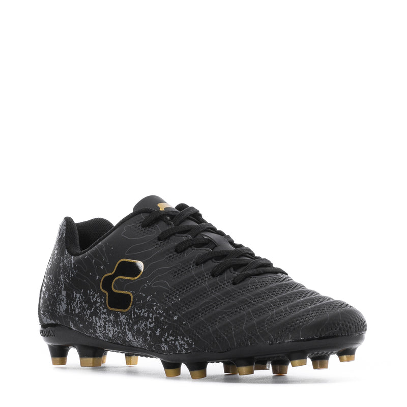 Men's black soccer cleat with gold C-style emblem, lace-up and spiked sole