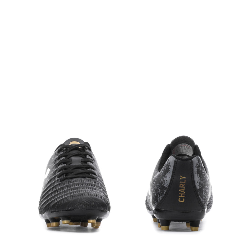 Men's black soccer cleat, lace-up front and heel view with gold accents