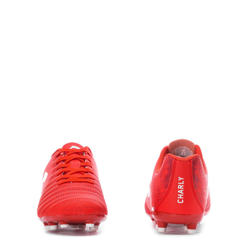 Men's red soccer cleats, front and heel view, lace-up, textured upper, rubber studs