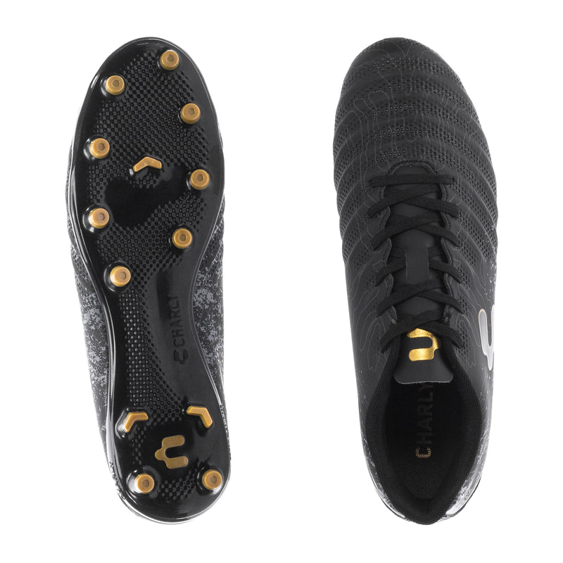 Men's black soccer cleat bottom and interior view, gold studs and logo