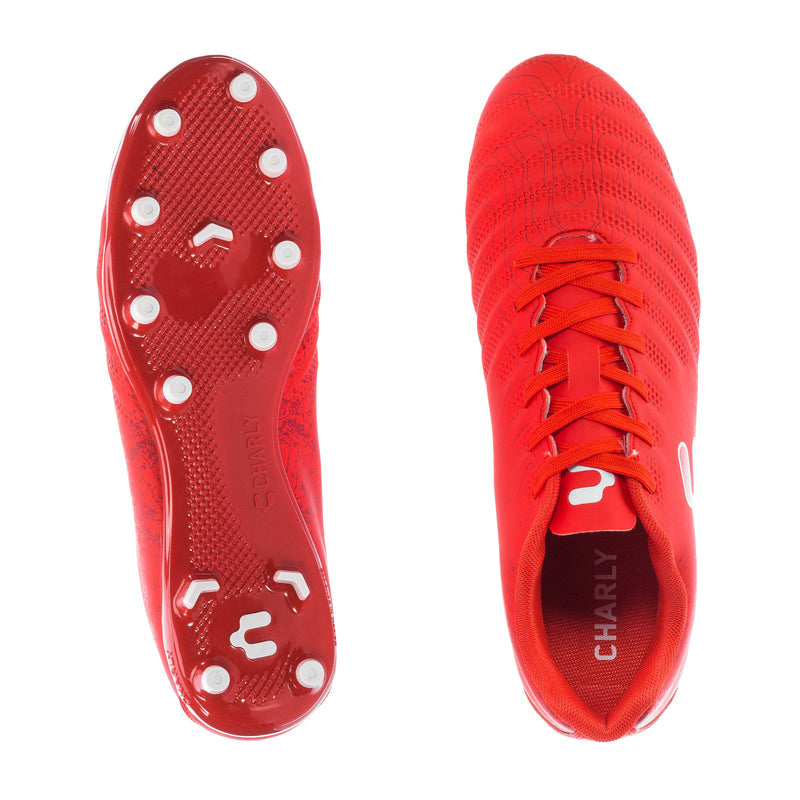 Pair of red soccer cleats showing outsole studs and inner heel with logo