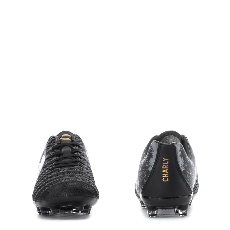 Men's black soccer cleats with CHARLY on heel, lace-up back view, metal studs