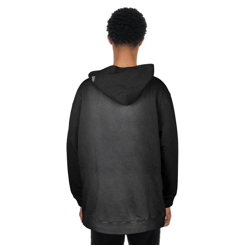 Men's black faded hoodie, back view with hood and kangaroo pocket