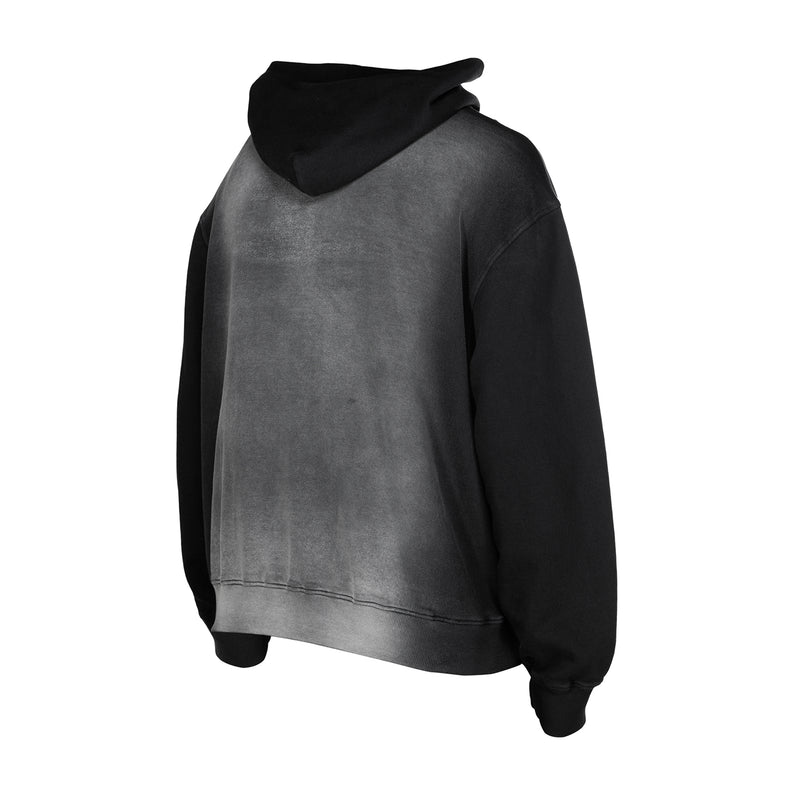 Men's black faded hoodie, close back view with hood and long sleeves